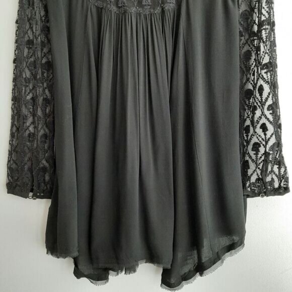 ECOTE Boho Floral Lace Tassel Tie Semi-Sheer Tunic Blouse Black Sz S - Picture 12 of 15